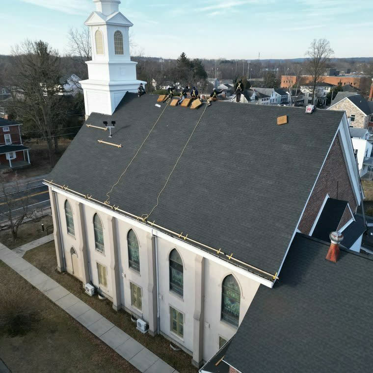 Commercial church roof replacement (aerial)