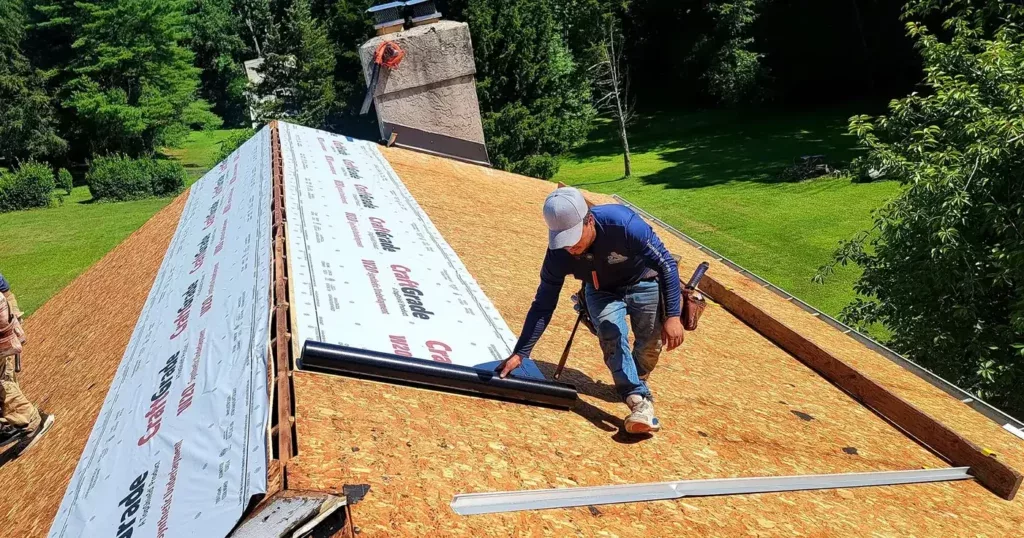 Roofer installing synthetic underlayment